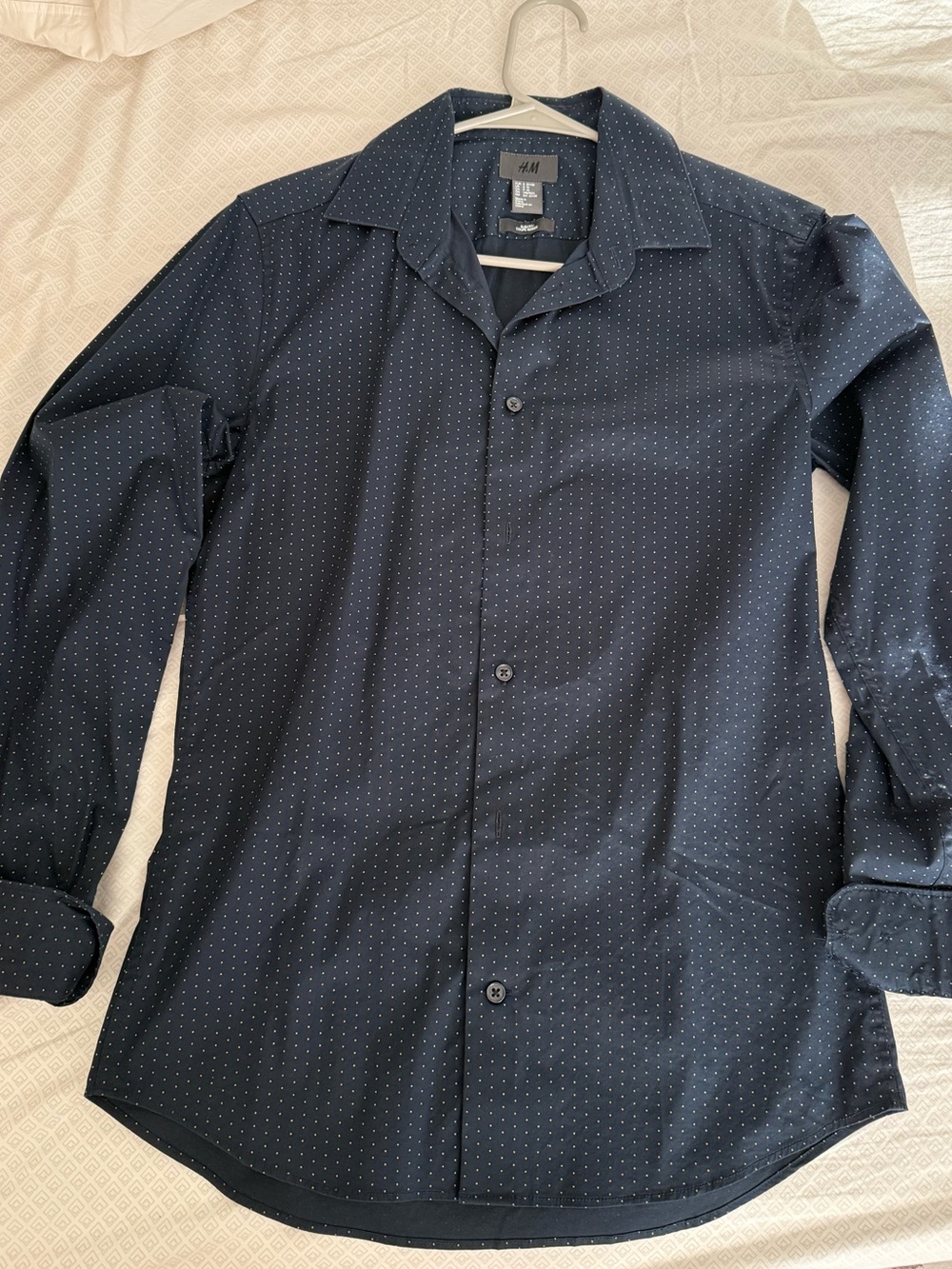 H&M Men's Dark Navy Microdot Long-Sleeve Dress Shirt